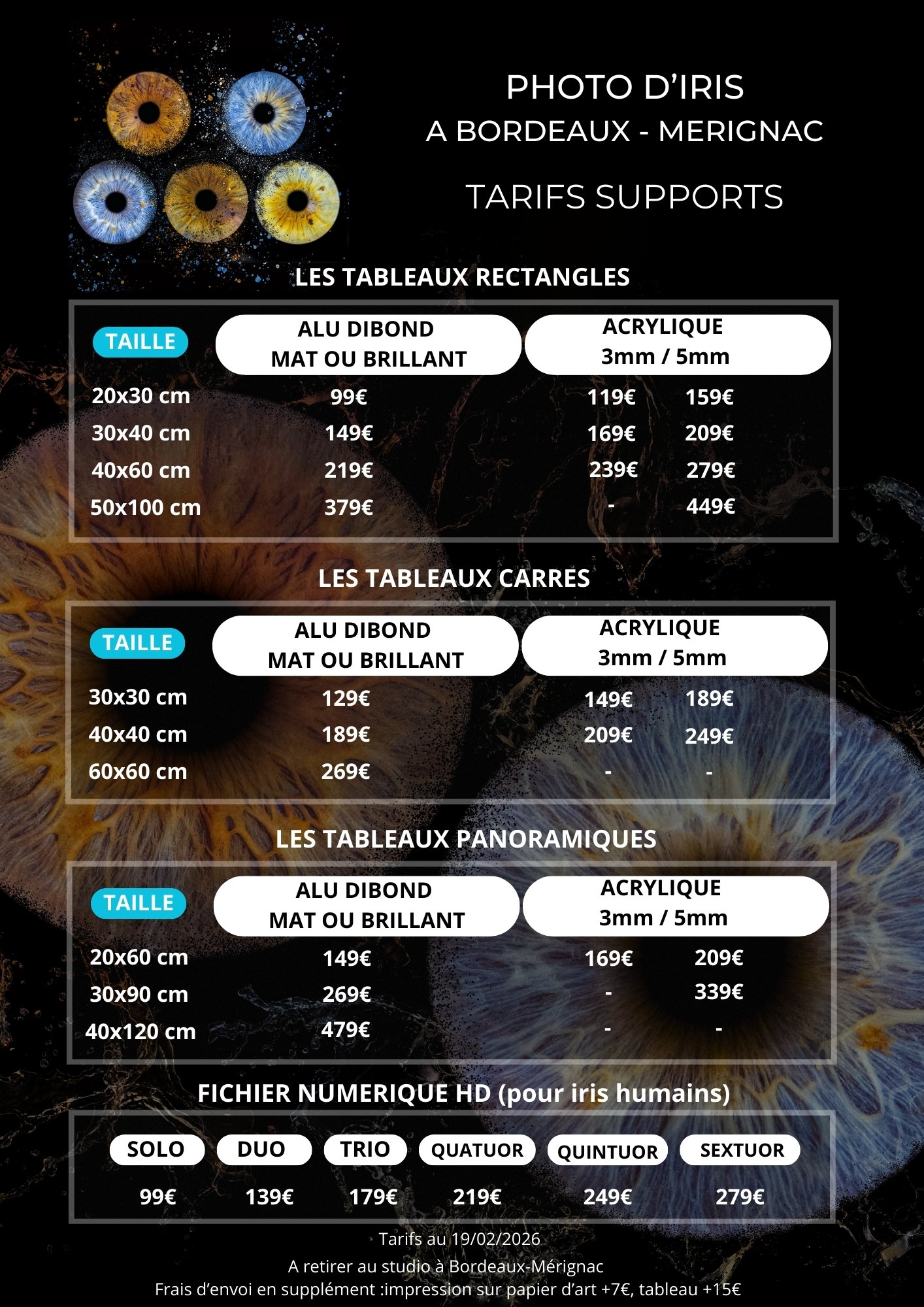 Tarifs tableaux photographie ris Bordeaux Mérignac